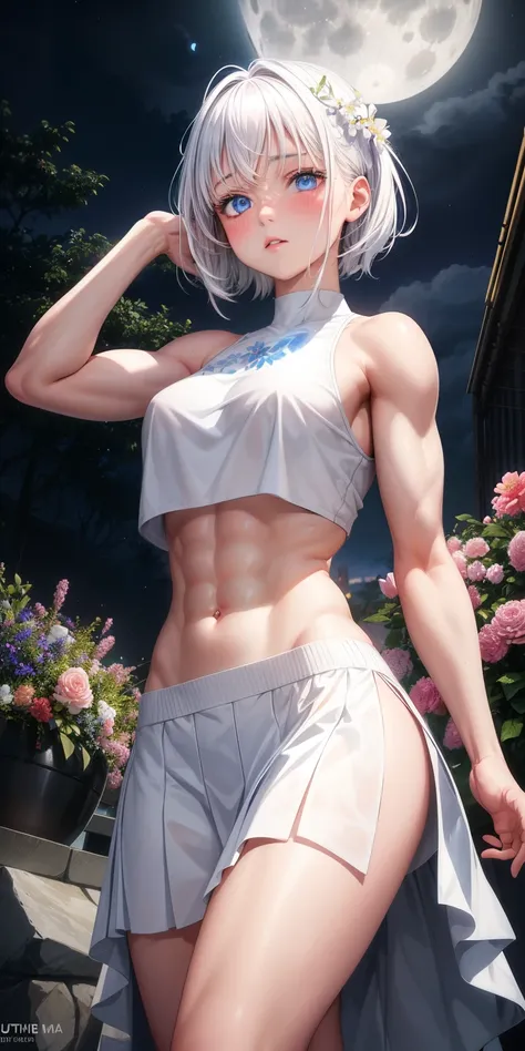 actual, 1 girl, white hair, blue eyes, glowing eyes, crop top, skirt, open lips, blush, Gym, flowers, night, moonlight, abdominal muscles, muscle , biceps