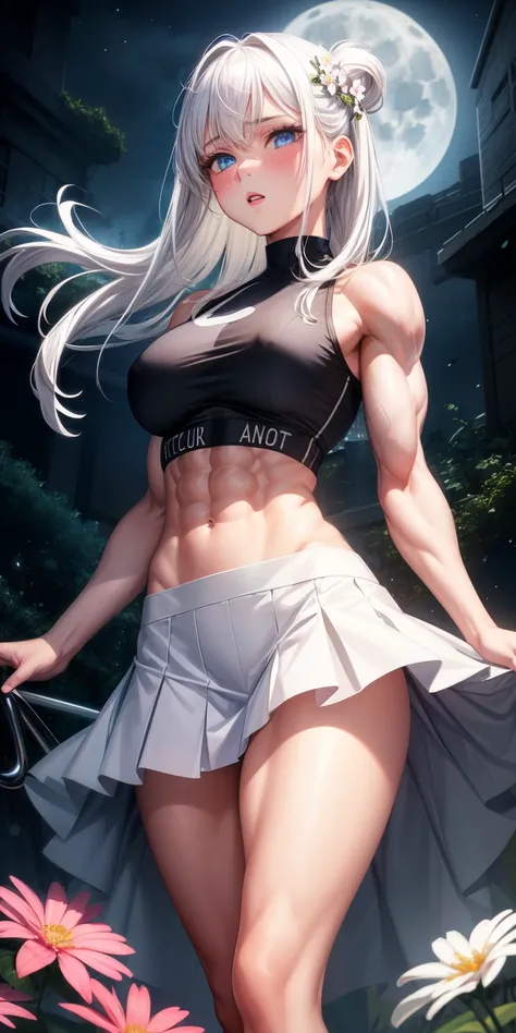 actual, 1 girl, white hair, blue eyes, glowing eyes, crop top, skirt, open lips, blush, Gym, flowers, night, moonlight, abdominal muscles, muscle , biceps