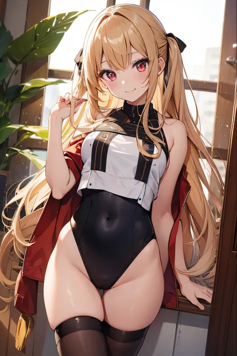 one girl、前面にwhole body写真、whole body、Are standing、golden hair、red eyes、Long hairstyle、Big eyes、young girl、smile、school swimsuit、vampire、black stockings、highest quality、8K、High resolution、masterpiece