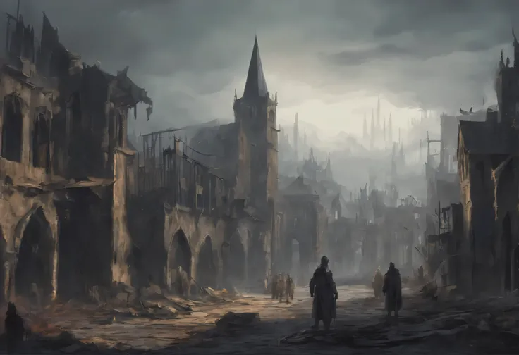 medieval city ruins after cataclysm, gray sky, workers, digital art, masterpiece