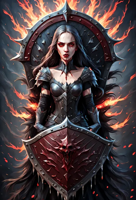 antasy art, dnd art, RPG art, wide shot a picture of a (shield: 1.5) with a female vampire head engraved on the shield, blood dripping, vampiric fangs, high details, best quality, 16k, [ultra detailed], masterpiece, best quality, (extremely detailed), clos...