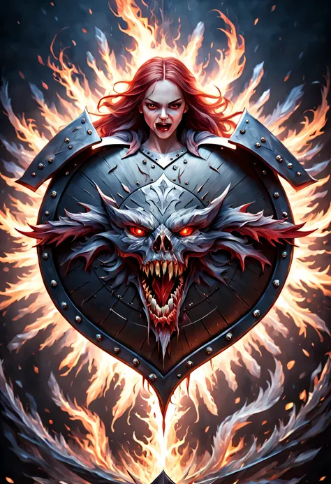 antasy art, dnd art, RPG art, wide shot a picture of a (shield: 1.5) with a female vampire head engraved on the shield, blood dripping, vampiric fangs, high details, best quality, 16k, [ultra detailed], masterpiece, best quality, (extremely detailed), clos...