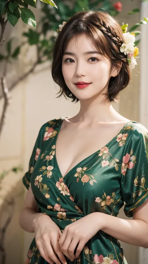 148
(20 year old woman,Floral costume), (surreal), (High resolution), ((beautiful hairstyle 46)), ((short hair:1.46)), (gentle smile), (breasted:1.1), (lipstick)
