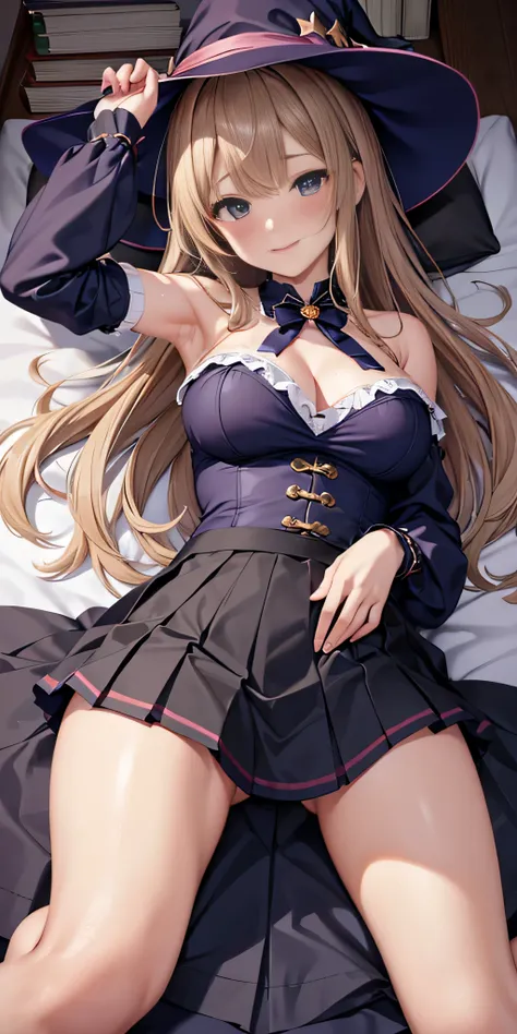 debris flies, highest quality, Highly detailed CG Unity 8K wallpaper, sexy witch , Long length hair、Dark blonde wavy hair、off shoulder knit, dark blue pleated skirt, stockings、medium breasts, saggy breasts, Pose that emphasizes the chest, blush, shy smile,...