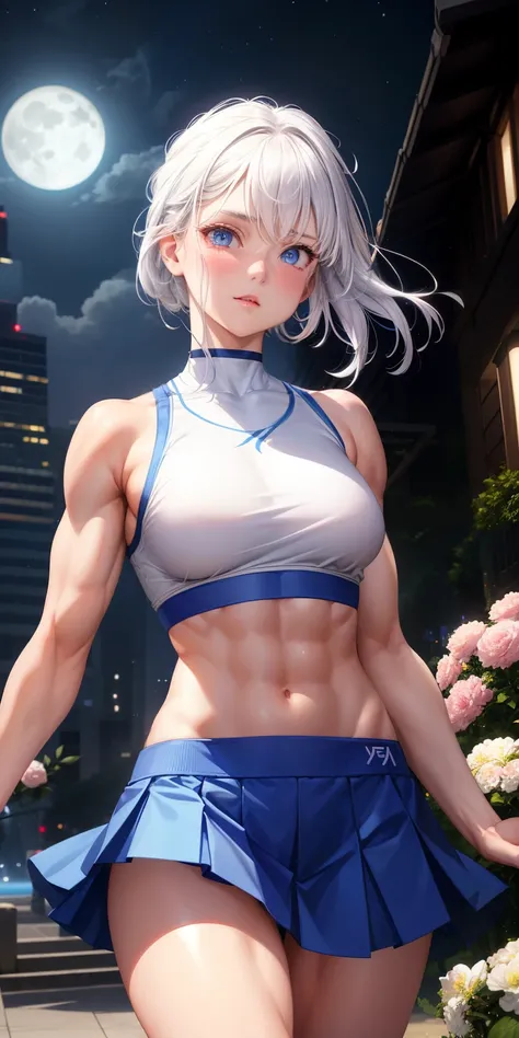 actual, 1 girl, white hair, blue eyes, glowing eyes, crop top, skirt, open lips, blush, Gym, flowers, night, moonlight, abdominal muscles, muscle , biceps