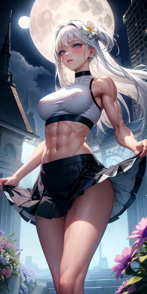 actual, 1 girl, white hair, blue eyes, glowing eyes, crop top, skirt, open lips, blush, Gym, flowers, night, moonlight, abdominal muscles, muscle , biceps