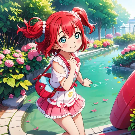 1girl, solo, ruby kurosawa, aqua eyes, medium hair, red hair, two side up, twintails, ((smile)), (((face))),