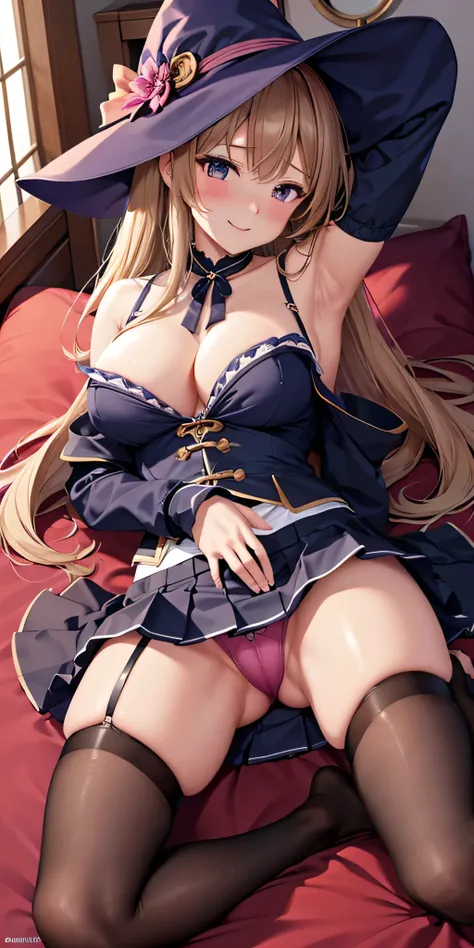 debris flies, highest quality, Highly detailed CG Unity 8K wallpaper, sexy witch , Long length hair、Dark blonde wavy hair、off shoulder knit, dark blue pleated skirt, stockings、medium breasts, saggy breasts, Pose that emphasizes the chest, blush, shy smile,...