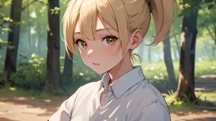 1girl, ponytail blonde hair, brown eyes, wearing plain white shirt, short denim, forest, absurdres, high res, ultrasharp, 8K, masterpiece, looking at viewer