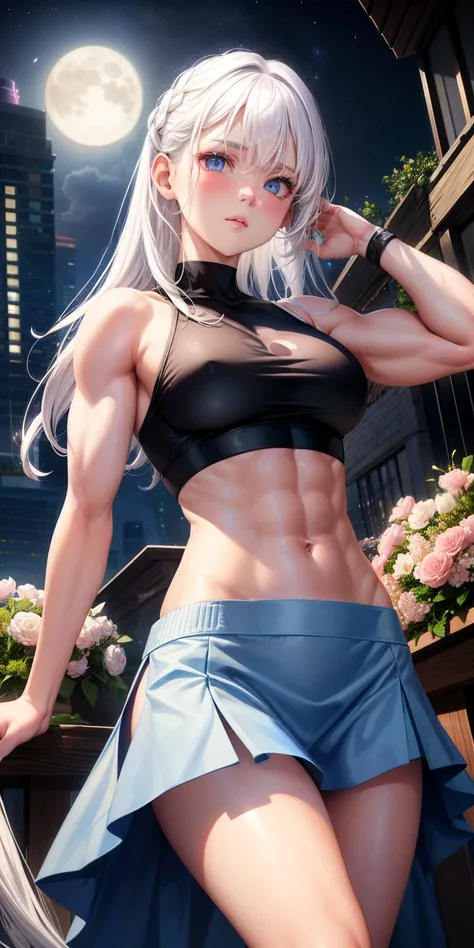 actual, 1 girl, white hair, blue eyes, glowing eyes, crop top, skirt, open lips, blush, Gym, flowers, night, moonlight, abdominal muscles, muscle , biceps