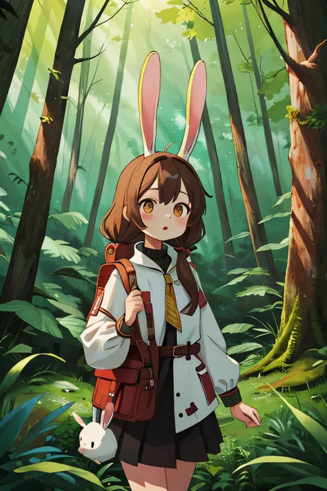 High quality scene, detailed bunny ears, girl, adventurous expression, forest background, rich colors