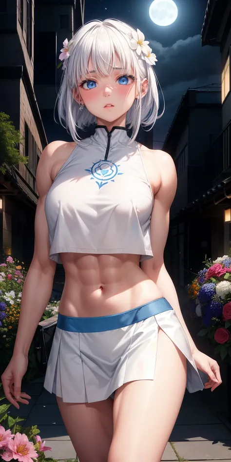 actual, 1 girl, white hair, blue eyes, glowing eyes, crop top, skirt, open lips, blush, Gym, flowers, night, moonlight, abdominal muscles, muscle , biceps