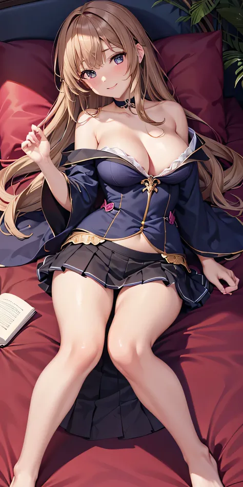 debris flies, highest quality, Highly detailed CG Unity 8K wallpaper, sexy witch , long hair、Dark blonde wavy hair、off shoulder knit, dark blue pleated skirt, stockings、medium breasts, saggy breasts, Pose that emphasizes the chest, blush, shy smile, bare s...