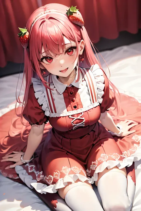 (pastel-red theme:1.2),((Strawberry Gothic Dress with Strawberry pattern:1.4)), (Strawberry ornament:1.3),(Strawberry earrings:1.2),(white Knee High Socks:1.3),(smile:1.2),(Eye size:1.5),(high resolution:1.5),(Vibrant color:1.4),(close up of face:1.3),(Got...