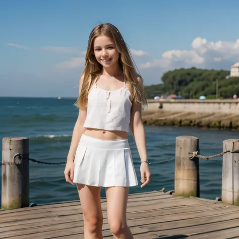 14 years old russia girl, full body, blond, long-haired, blue eyed, mini-smile, on a pier by the sea, white skirt, nice pose.