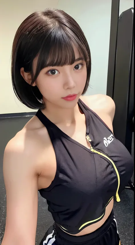 1 girl ,((exterior々Gym wear in different colors)),big breasts, wide open cleavage,(( Character Play)),((training gym)) ,  (Short bob with black hair),((looking at the camera)), High resolution,very detailed, looking at the camera,