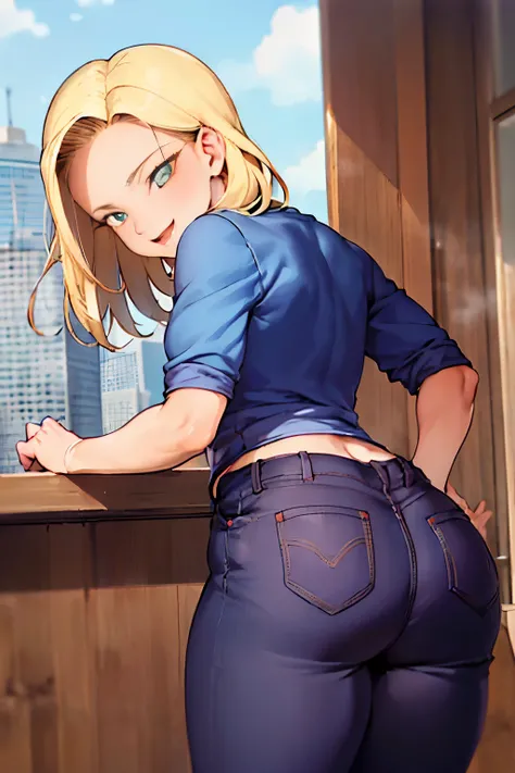 obra de arte, melhor qualidade, ultra-detalhado, absurdo, Retrato de android18DB bonito, rosto realista, Sozinho, brincos, joia, jeans, sorriso, cinto, colete, pants, ar livre, luvas, colar, jeans, pedra, sentado, volumetric lighting, melhor qualidade, obr...