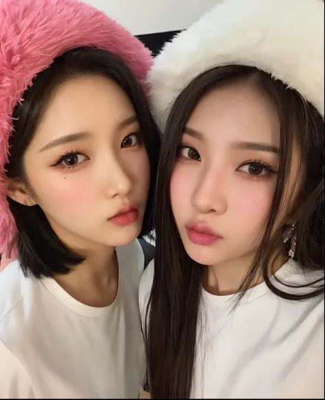 two asian women posing for a picture in a pink hat, ulzzang, nixeu and sakimichan, popular south korean makeup, wan adorable korean face, popular korean makeup, with cute - fine - face, jossi of blackpink, jinyoung shin, sakimichan, jaeyeon nam, twice, bla...