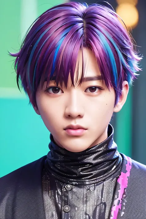 1 person、high quality，masterpiece，8K, head shot,、Hair of various colors:1.5、Clothes covered in paint、damaged shirt、messy hair:1.5、Cyberpunk neon background