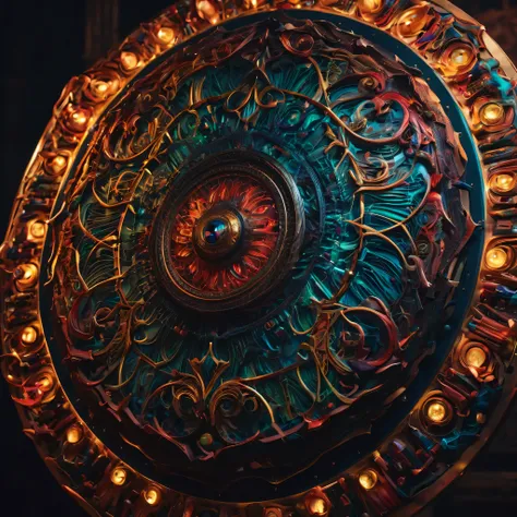 (masterpiece), realistic, UHD ,8k,Photography of an incredibly inventive shield that bursts with the wildest and most imaginative creativity. This extraordinary shield features a fusion of unconventional materials, such as neon tubes, holographic elements,...