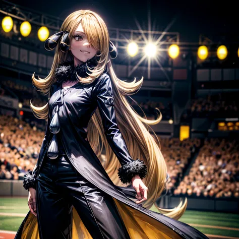 (mastepiece), ((best quality)), 8k, bokeh, vibrant color, 1girl, cynthia \(pokemon\), stadium, crowd, very beautiful girl, smile...