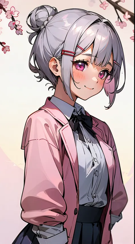 (highest quality、High resolution:1.2)、Silver-haired schoolgirl、Short silver bob hair tied into a bun with a hair clip、pink eyes、blush、smile、profile、turn your arms behind your back:1.2、Upper body close-up、Red Riders Jacket、Sakura Park、sharp outline、tomboy、b...