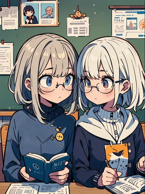 at dusk, in a classroom bathed in warm twilight, two girls are engrossed in reading. one with white hair, wearing glasses, capti...