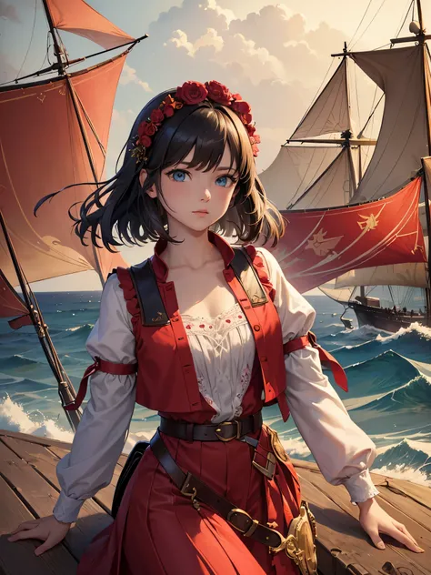 (masterpiece, super high quality, super detailed), landscape, young girl, Assol, scarlet sails, girl looking at the sea from the coast, camera looking at the sea, intricate details, sailing ship with scarlet sails, A scene from a novel by Alexander Greene ...