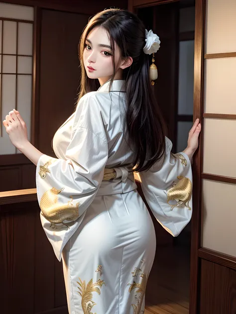 (beautiful model in japanese kimono commercial, beautiful straight long black hair), solo, ((face is 80% beauty and elegance, 20...