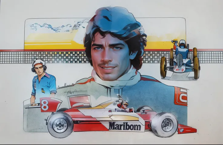 a MacLaren formula 1 car in the foreground with driver Ayrton Senna behind and technician timing the lap time and a vintage formula 1 car behind