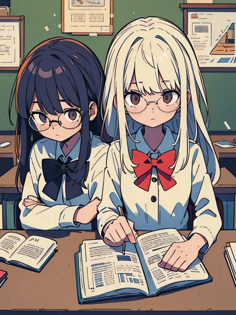 At dusk, in a classroom bathed in warm twilight, two girls are engrossed in reading. One with white hair, wearing glasses, captivated by a book, while the other, also a girl, shares the moment beside her. The atmosphere should convey the tranquility of the...