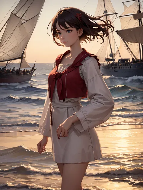 (masterpiece, super high quality, super detailed), landscape, young girl, assol, scarlet sails, girl looking at the sea from the...