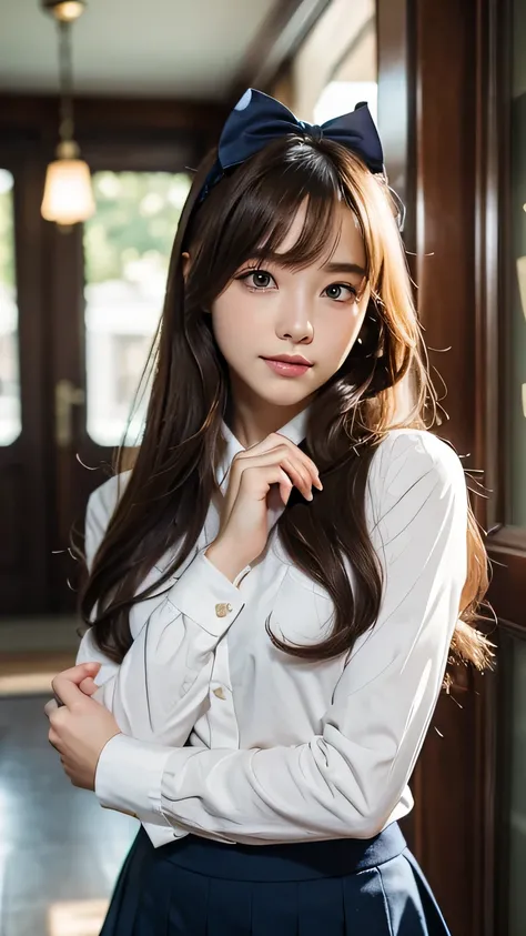 (very delicate and beautiful: 1.2), 1 girl, robber girl, bangs, cute eyes, bow, brown hair, closed mouth, Landscape, hair between eyes, hair bow, long sleeves, looking at the viewer, medium hair, alone, Upper body, Short : 1.3, ((alone)), (masterpiece), bl...