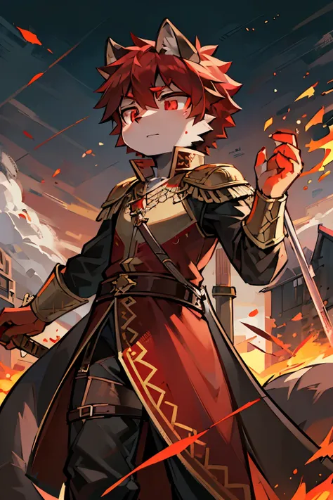 A raccoon，Fiery red pupils，General uniform，手持long sword，Broken armor，torn robe，flame，raging fire，Raise your hand，long sword，Broken cloak，juvenile，sword sheath，The sky is cloudy，sun，On the war zone，Grand background，worn-out clothing，Look behind you