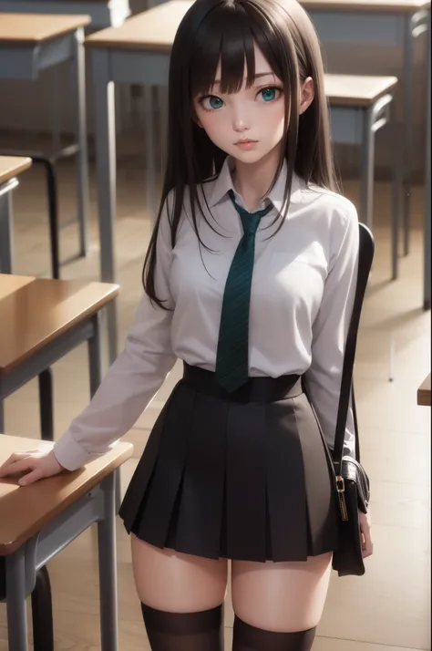 shibuya rin, black hair, (green eyes:1.5), long hair, break black skirt, black socks, collared shirt, green tie, knee high, long sleeve, miniskirt, tie, pleated skirt, , shirt, skirt, socks, striped, striped tie, white shirt, wing collar, break indoors, cl...