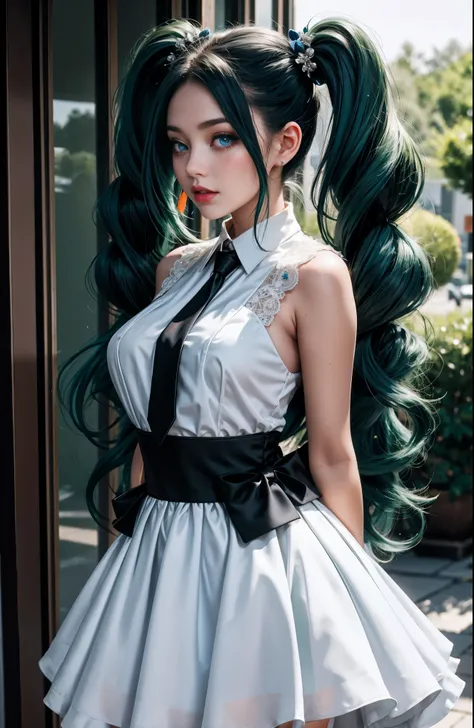 The innocence, dark green hair, twintails, arms behind back, white dress, black waist tie, a girl,blue eyes,