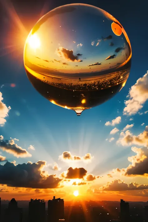 sunset,clouds shining in the sun,futuristic sphere in the center,The upper right corner of the sphere shines brightly.,speaker from center,champagne bottle,champagne glass,shadows of small birds around