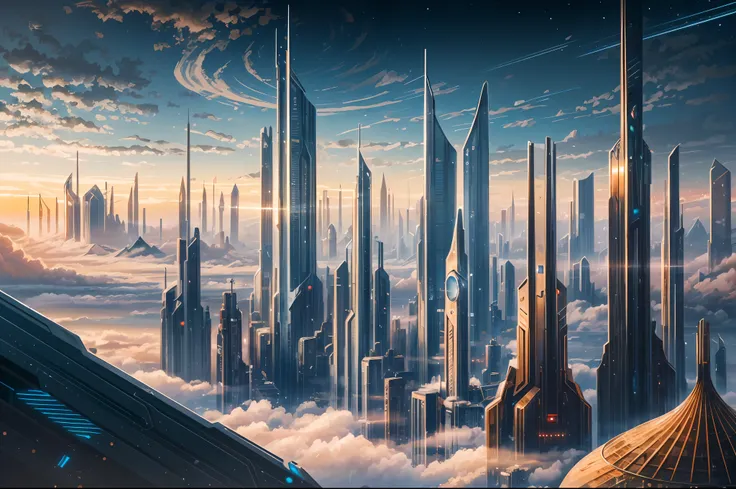 science fiction art, futuristic city in the morning