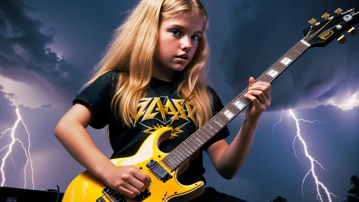 a close up of a girl kids blonde holding a guitar in front of a lightning, 1 9 8 0s heavy metal album art, power metal album cover, heavy metal comic cover art, metal album cover art, metal album cover, megadeth, thrash metal, metallica, heavy metal album ...