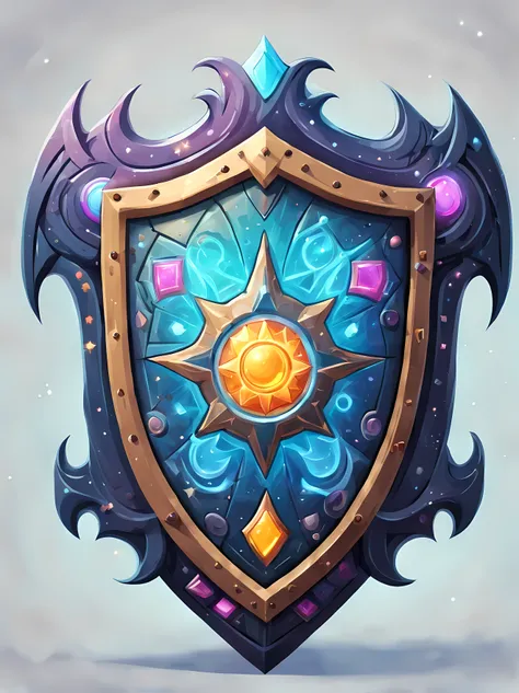 Masterpiece in maximum 16K resolution, cute colorful cartoon style with bold lines, a fantasy art illustration featuring a giant magical ((shield that has a cosmic portal filled with wonders inside it)), rich gothic patterns, simple frosty background, (abs...