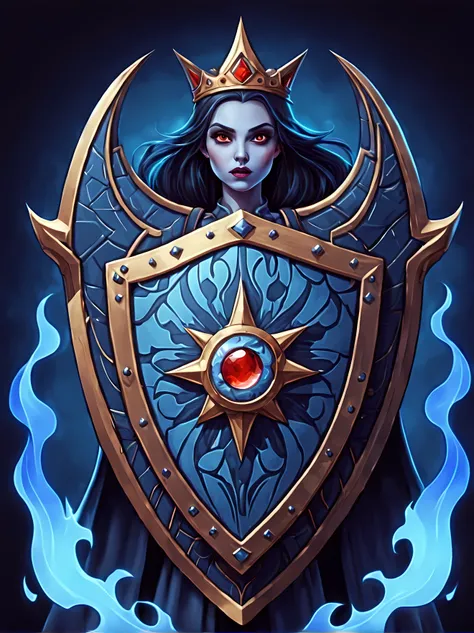 Masterpiece in maximum 16K resolution, cute colorful cartoon style with bold lines, a fantasy art illustration (featuring a giant magical shield) that has a single image of a stunning vampire queen on it, the shield also has complex rich gothic patterns, s...