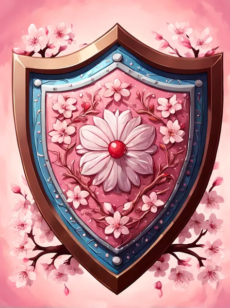 Masterpiece in maximum 16K resolution, cute colorful cartoon style with bold lines), a fantasy art illustration featuring a giant magical shield that has a single image of a cherry blossom on it, the shield also has complex rich gothic patterns, simple bac...