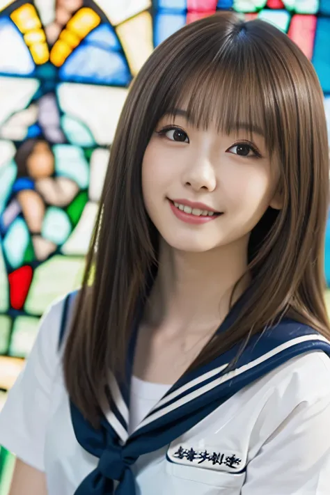 (((Draw only one woman: 2)))、18 year old beautiful Japanese woman、(A high school girl wearing a sailor uniform with short sleeves and a ribbon: 1.5)、(Japan&#39;s strict girls&#39; school sailor suit)、( High school girl sitting in the church pew: 1.2)、(Beau...