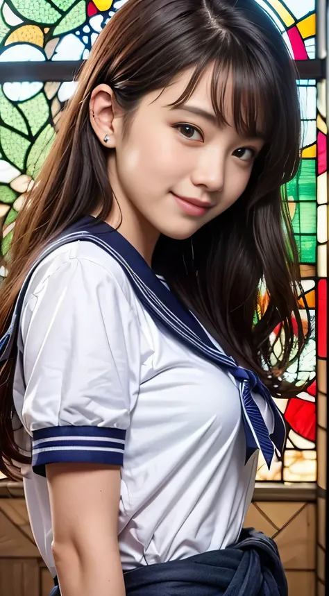 (((Draw only one woman: 2)))、18 year old beautiful Japanese woman、(A high school girl wearing a sailor uniform with short sleeves and a ribbon: 1.5)、(Japan&#39;s strict girls&#39; school sailor suit)、( High school girl sitting in the church pew: 1.2)、(Beau...