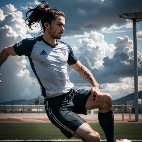 elegantly dressed medium-haired man in ponytail playing soccer on a cloudy day, dramatic picture, high definition in the details...