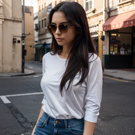 One woman of about 20 years old, black long hair, body measurement 36-25-36, height 57", medium breasts, Hazel eyes, wearing sunglasses, wearing jeans and shirt, Full Body full height Shooting, Masterpiece, mobile Photography, daylight, 8k, Top Quality, Fi...