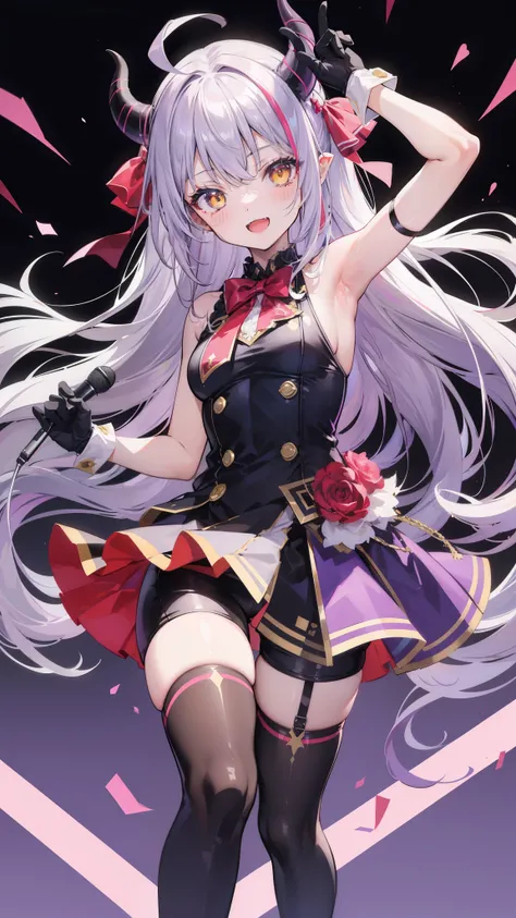 32k, 1girl, solo, long hair, looking at viewer, blush, smile, open mouth, bangs, thighhighs, gloves, dress, holding, standing, yellow eyes, purple hair, ahoge, grey hair, multicolored hair, horns, alternate costume, fang, white gloves, armpits, arm up, off...