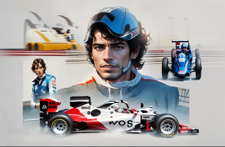 a MacLaren formula 1 car in the foreground with driver Ayrton Senna behind and technician timing the lap time and a vintage formula 1 car behind