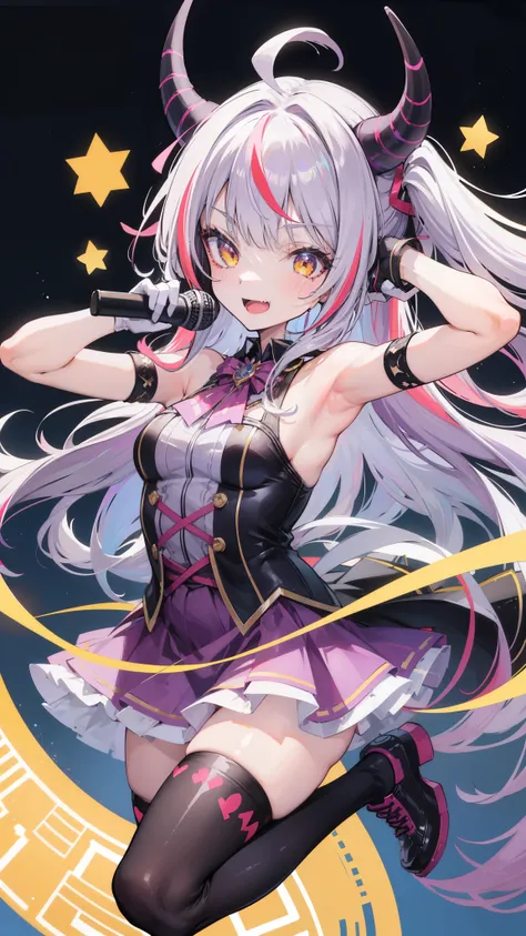 32k, 1girl, solo, long hair, looking at viewer, blush, smile, open mouth, bangs, thighhighs, gloves, dress, holding, standing, yellow eyes, purple hair, ahoge, grey hair, multicolored hair, horns, alternate costume, fang, white gloves, armpits, arm up, off...