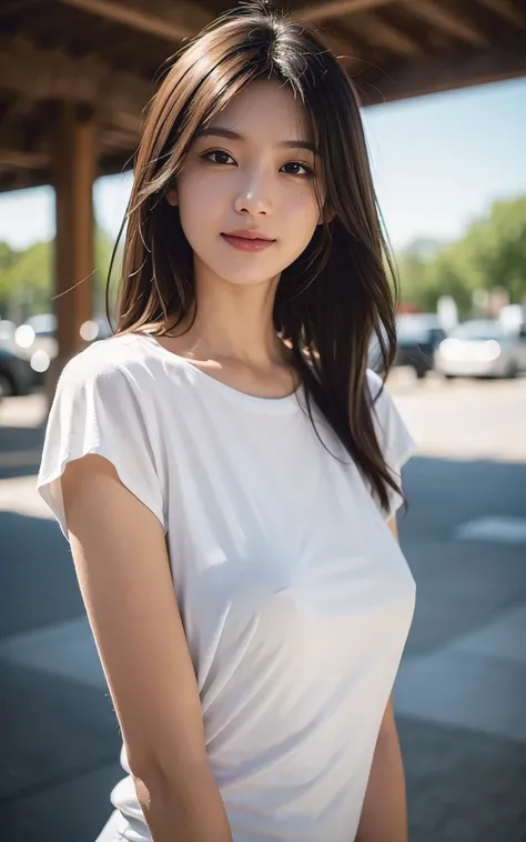 upper body、look away、a Japanese pretty girl, Gentle face、hyper cute face、shiny lips、Double eyelids in both eyes、Natural makeup, smile, long eyelashes light, Medium Hair, Smooth Light Brown Hair、Hair swaying in the wind, bangs、image in center、8K、high detail...